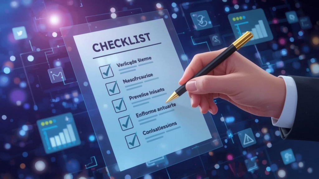 Tela digital com checklist fiscal mostrando ações de conformidade, validação de eSocial, Reinf, DCTFWeb e preparação para a Reforma Tributária Digital no Brasil.