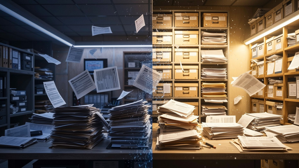 Imagem conceitual mostrando o contraste entre desorganização fiscal e conformidade, simbolizando a importância do checklist mensal e da correção de divergências.