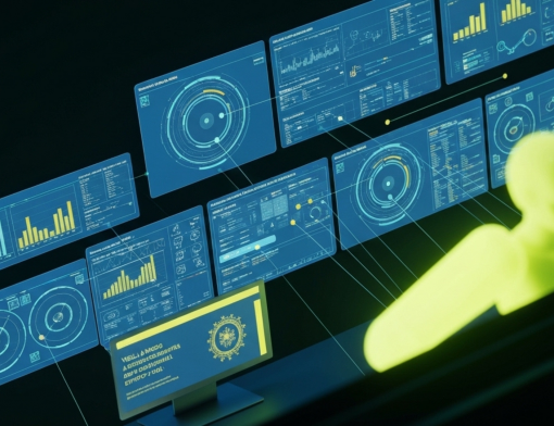 Ilustração de um sistema digital avançado representando o super-sistema da Receita Federal, com painéis de dados, gráficos e algoritmos de cruzamento fiscal.