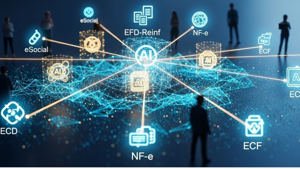 Ilustração digital do ecossistema da Receita Federal com conexões entre eSocial, EFD-Reinf, DCTFWeb, NF-e, ECD/ECF e inteligência artificial representando o super-sistema de cruzamento fiscal.